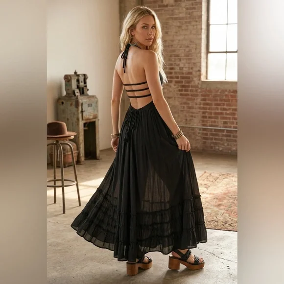 NWT Tiered Boho Smocked Halter Strappy Back Maxi Dress Black - Picture 6 of 6